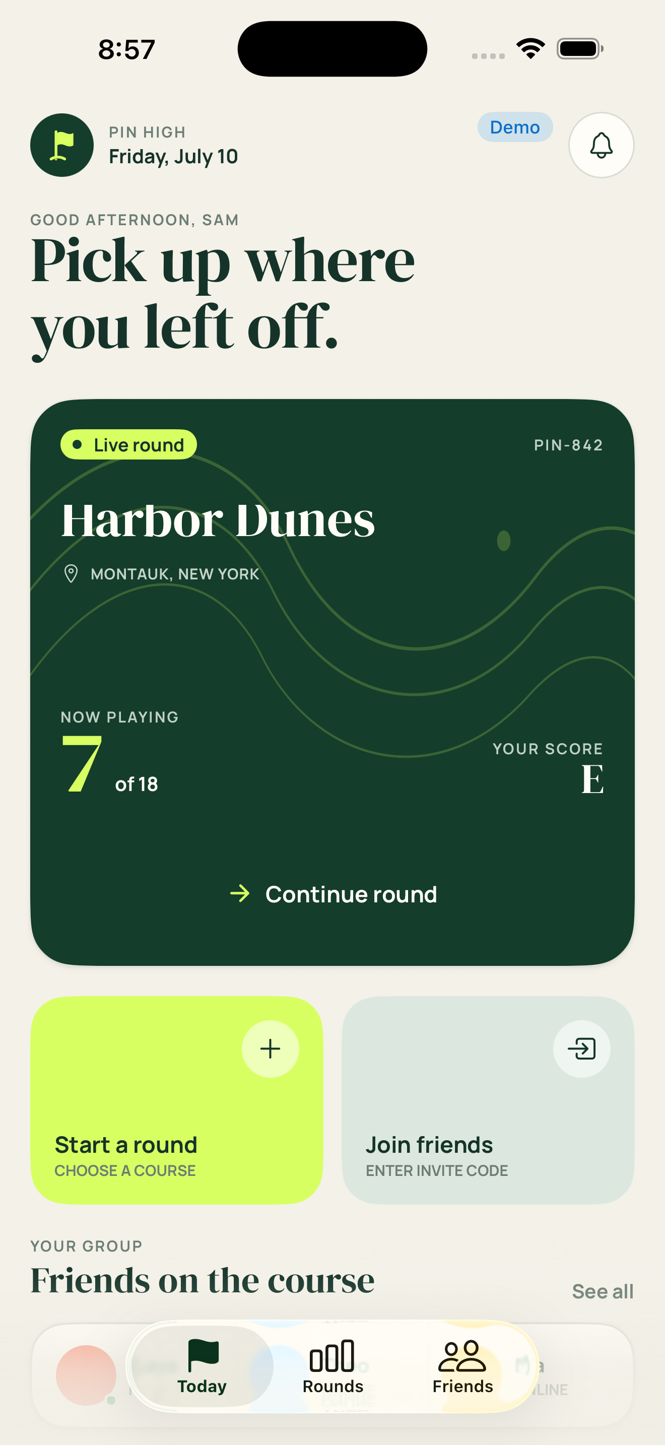 Pin High home screen showing an active round, quick actions, and friends